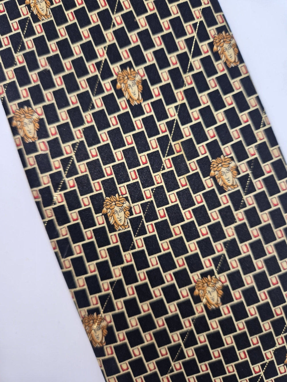 Vintage Gianni Versace 100% Silk Tie Medusa Head Geometric Black Gold Red 90s